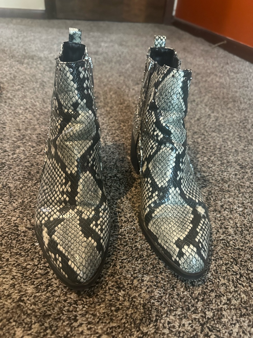 Circus by Sam Edelman Snake-Print Ankle Boots in Black and Gray